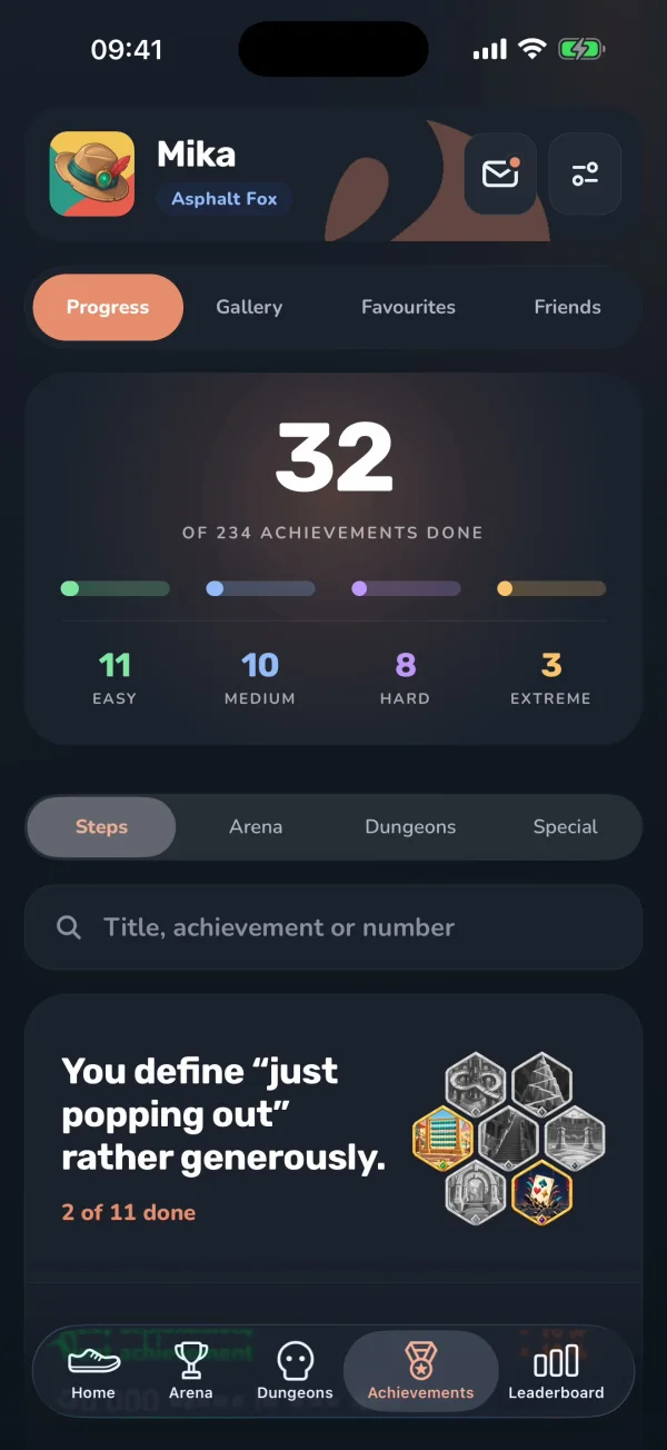Achievements, “Progress”: the search field “Title, achievement or number”